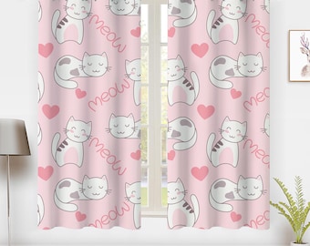 Japanse stijl kawaii gordijnen, minimalistische kitten verduisteringsgordijnen, raamgordijnen behandeling, kinderslaapkamer raam privacy decor