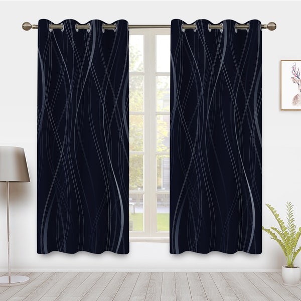 Black Window Curtains with Geometric Silver Line Pattern Design Blackout Curtains Drapes Room Darkening Thermal Insulated Window Treatments