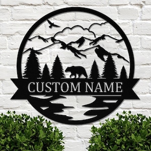 Segno metallico dell'orso personalizzato - arte della parete dell'orso in metallo - Arte della parete della natura - Segni del nome del cacciatore personalizzato - Arte della parete della fauna selvatica - segno metallico della cabina del cacciatore