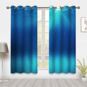 Blue Sea Water Blackout Living Room Kitchen Curtains Ocean Sunlight Drapes Darkening Bedroom Curtains Thermal Insulated Window Treatments