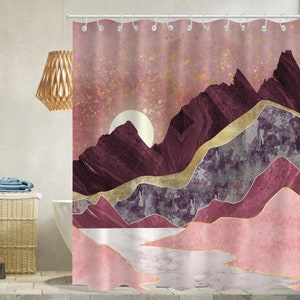 Pink Shower Curtain Abstract Mountain Sunset Starry Sky Nature Landscape shower curtain Modern Fabric Bathroom curtain with 12 Hooks Decor