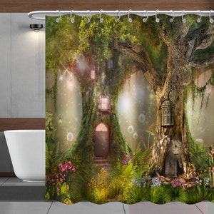 May include: A whimsical illustration of a treehouse built into a large tree trunk, surrounded by lush greenery and glowing lights. The treehouse has multiple windows and a door, and there are fairies flying around the tree.