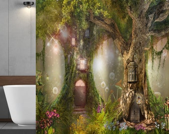 Fairy Tales Tree Shower Curtain Fantasy Tree of Life Enchanted Forest House Butterfly Spring Green Tree Wonderland Elf Bathroom curtain