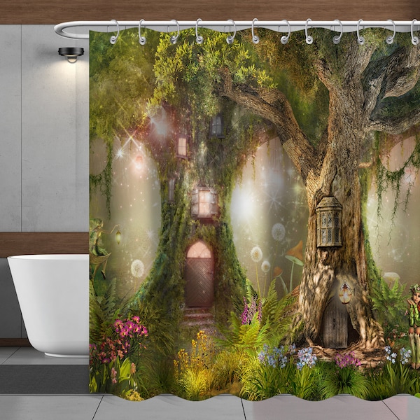 Fairy Tales Tree Shower Curtain Fantasy Tree of Life Enchanted Forest House Butterfly Spring Green Tree Wonderland Elf Bathroom curtain