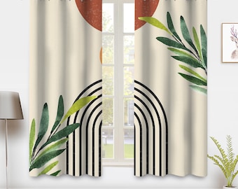 Bohemian art Window Curtains, Modern Minimalistic Geometric line Plants Window Treatments Blackout Curtain Bedroom living room privacy Decor