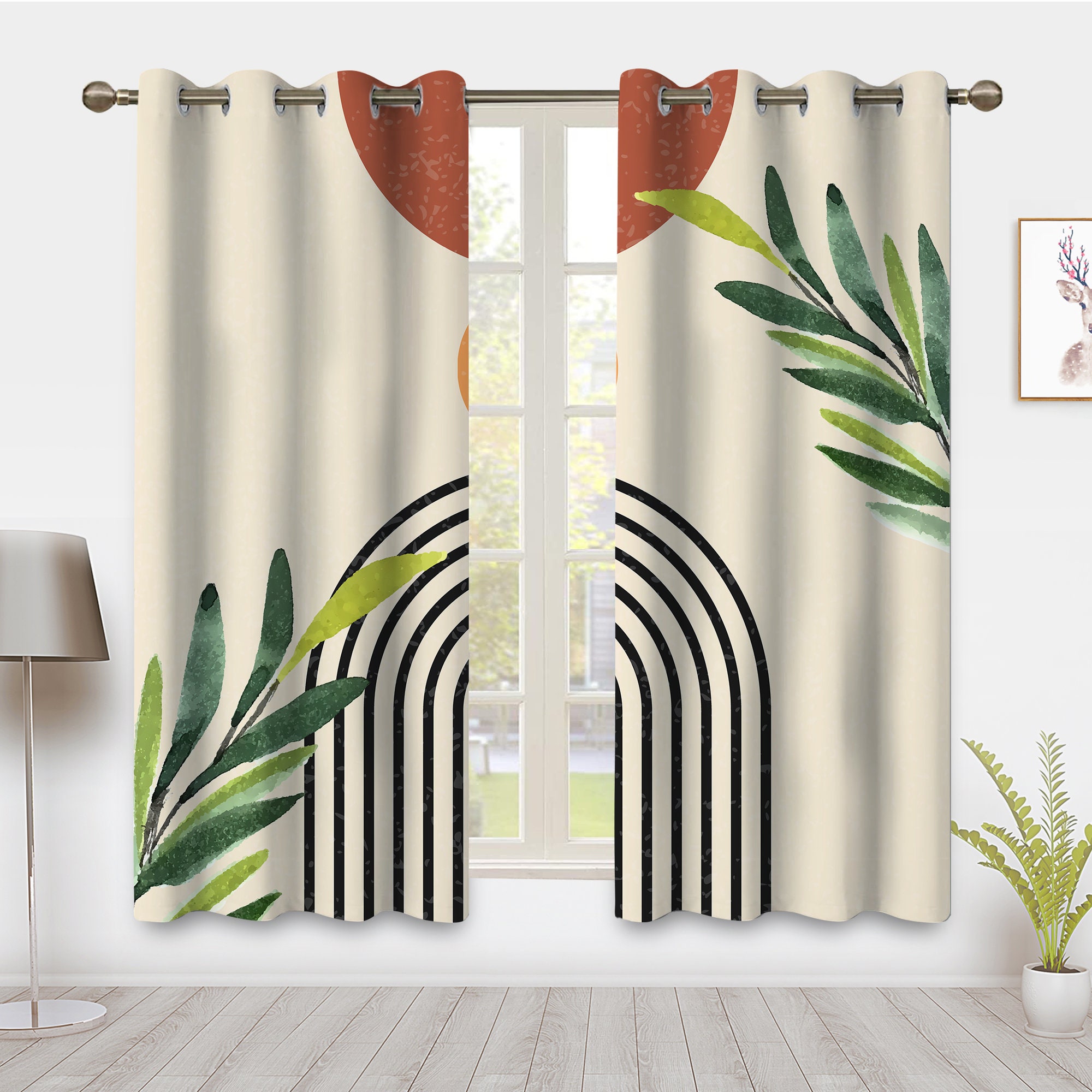 Bohemian art Window Curtains, Modern Minimalistic Geometric line Plants Window Treatments Blackout Curtain Bedroom living room privacy Decor