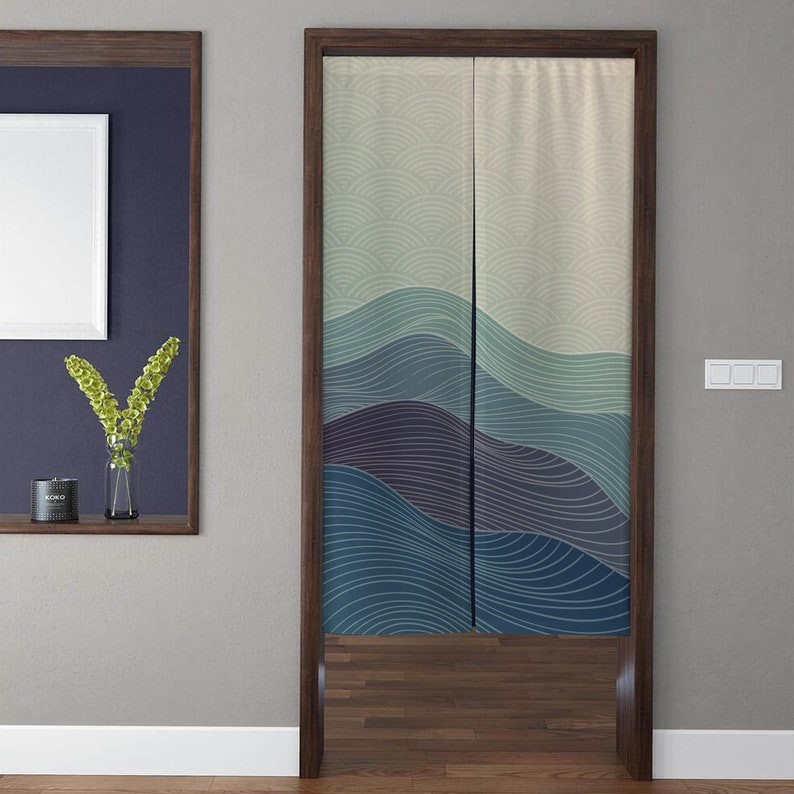 Japanese Art Noren Door Curtain, Japanese Style Line Wave Mountain Pattern Doorway Curtain for Kitchen Partition Bedroom Door Privacy Decor