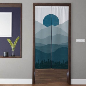 Noren Bohemia Door Curtains, Blue Abstract Mountain Sunset Modern Minimalistic Doorway Curtain Window Treatment, For Home Kitchen Door decor