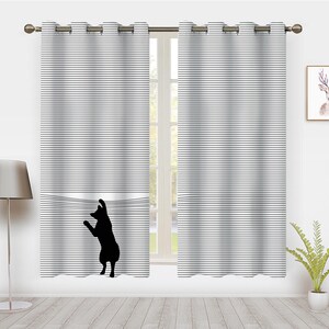 Minimalistic Geometric line Grey Window Curtains, Peeping Kitten Window Treatments Blackout Curtains, For Bedroom living room privacy Decor