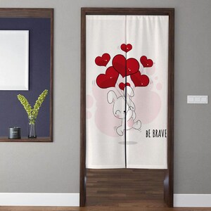 Japanese Kawaii Art Noren Door Curtain,bunny holding love balloon Pattern Doorway Curtain, for Kitchen Partition Bedroom Door Privacy Decor