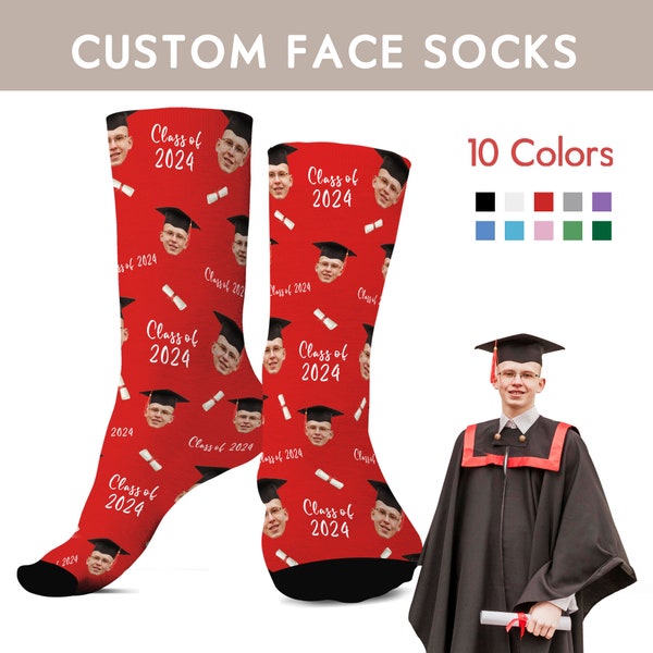 Custom Face Socks with Picture, Personalized Smiley Graduation Hat Photo Sock, Funny gag Gifts face Socks, Grad Idea Gifts for class of 2024