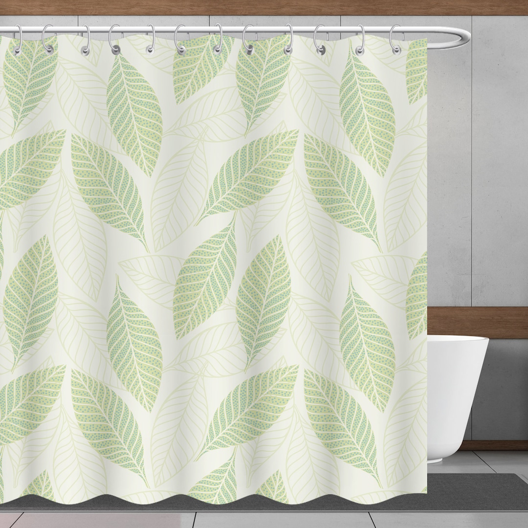 Spring Green Leaf Shower Curtain, Plant Bathroom Curtain, Minimalism