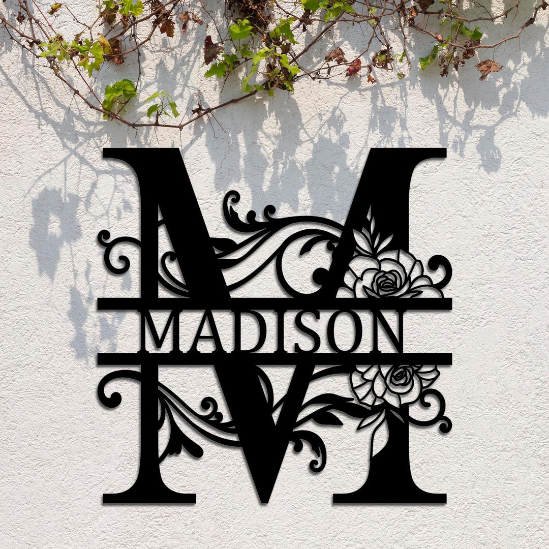 Personalized Family Name Rose Metal Sign, Custom Metal Monogram Split ...