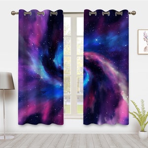 Galaxy Outer Space Nebula Window Curtains Purple Pink Blue Universe Swirl Fantasy Starry Stars Printed Window Drapes Treatments for Bedroom