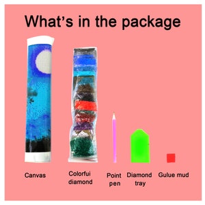 May include: A diamond painting kit with a blue canvas, colorful diamond beads, a point pen, a green diamond tray, and a red glue mud.