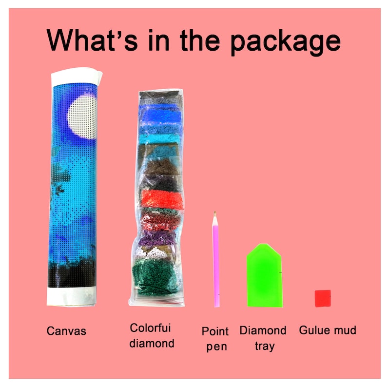 May include: A diamond painting kit with a blue canvas, colorful diamond beads, a point pen, a green diamond tray, and a red glue mud.