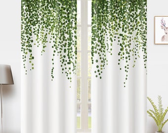 Green botanical Leaves Window Curtain Nature Plant Leaf Drapes 2 Panels Pair Window Treatment Blackout Curtain for Bedroom Home Dorm