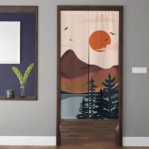 Bohemia-style art Noren Door Curtains, Vintage abstract Multicolour line mountain Doorway Curtain Window Treatment, Home Kitchen Door Decor