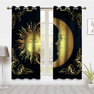 Sun and Moon Window Curtain Aesthetic Sun Moon Curtain Black Dark Drapes 2 Panels Pair Window Treatments Blackout Curtains for Bedroom Home