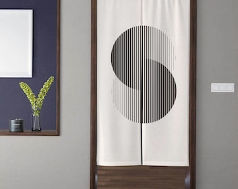 May include: White room divider curtains with a black and white geometric design. The design features two overlapping circles with a striped pattern.