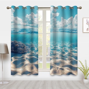 Modern Minimalist Ocean landscape Window Curtains, Beach coral reef Window Treatment Blackout Curtain, For Bedroom living room privacy Decor
