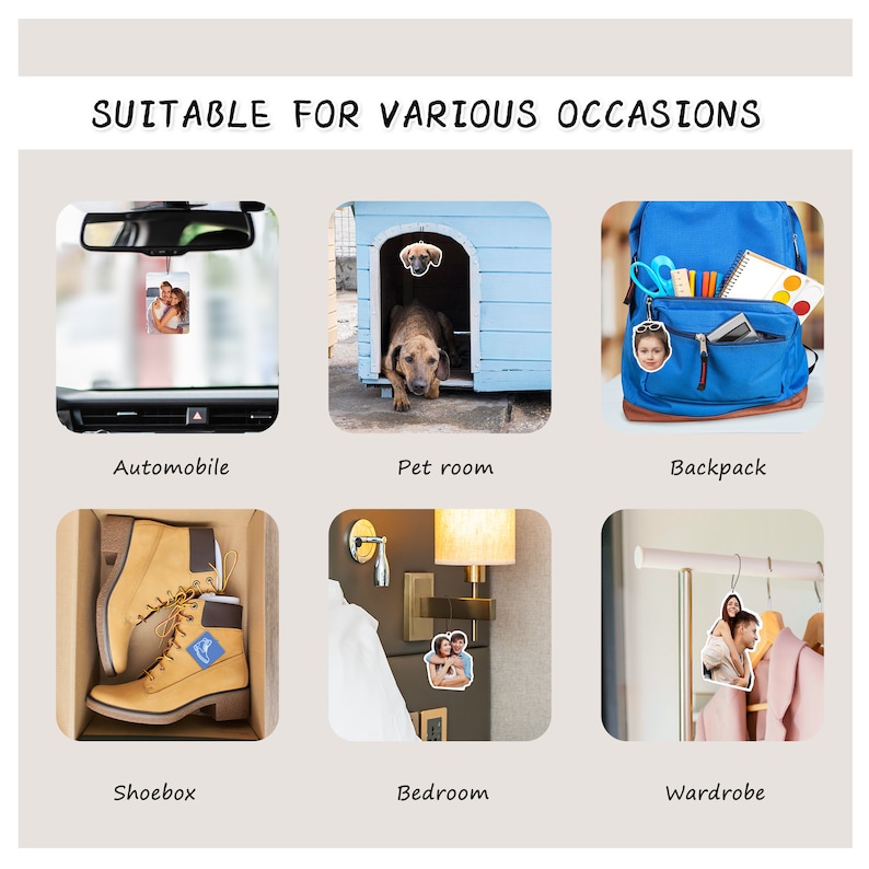 Puede incluir: Un collage de im&aacute;genes que muestran diferentes lugares donde puedes usar un ambientador de fotos. Las im&aacute;genes muestran un coche, una habitaci&oacute;n para mascotas, una mochila, una caja de zapatos, un dormitorio y un armario.