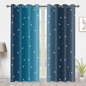 Gradient Window Curtains, Modern Minimalistic shiny star blue Window Treatments, for Blackout Curtain Bedroom living room privacy Decor