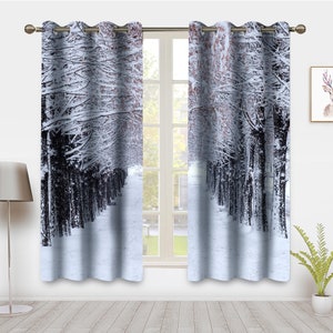 Forest Blackout Curtains, Winter Snowy Woodland and Nature Scenery Drapes Decor for Bedroom Living Room, Room Darkening Window Treatments