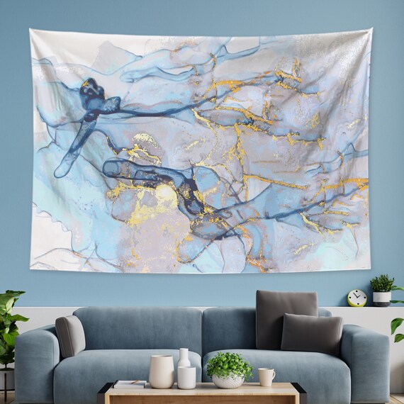 Blue Marble Tapestry Abstract Watercolor Tapestry Gold Rose Pink