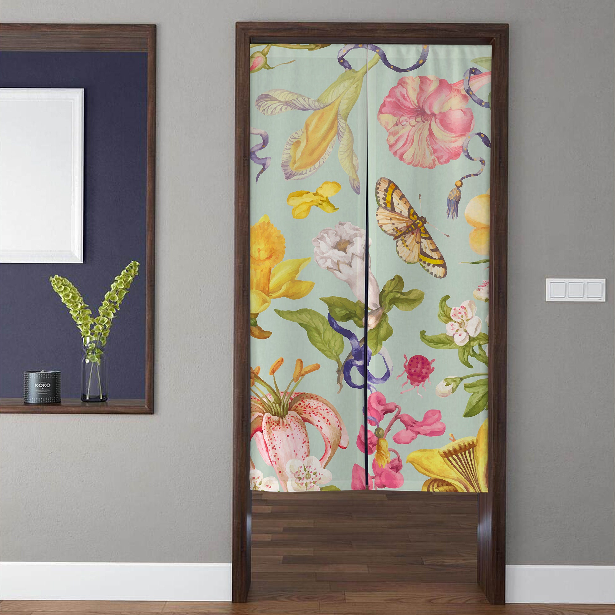 Flowers and butterflies landscape Noren Door Curtains, Vintage Botanical Doorway Curtains, for Kitchen Partition Bedroom Door Privacy Decor