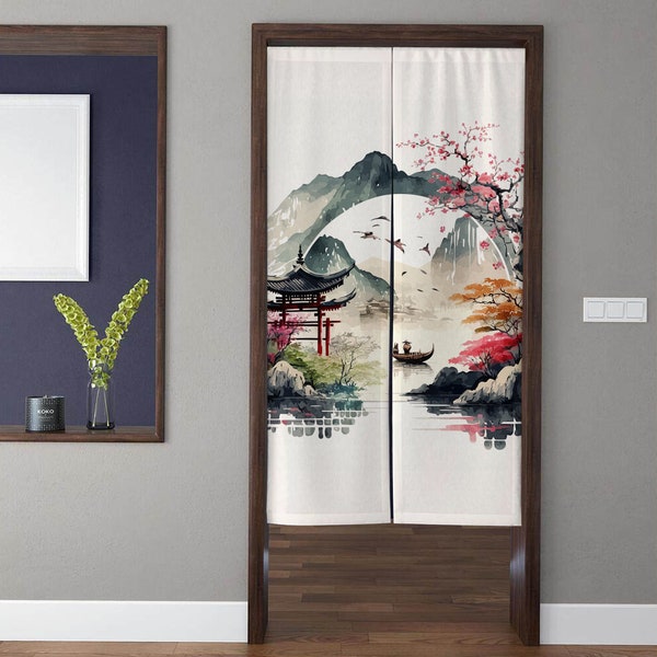 Rideaux de porte Noren d'art oriental, traitement de fenêtre de rideau de porte de paysage vintage de style chinois, pour la décoration de porte de cuisine à domicile