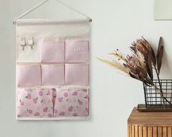 Pink peach Wall Hanging Storage, Cotton Linen Wall Mounted Hang Organizer, Wall storage bag for living room bedroom, mothers day gifts