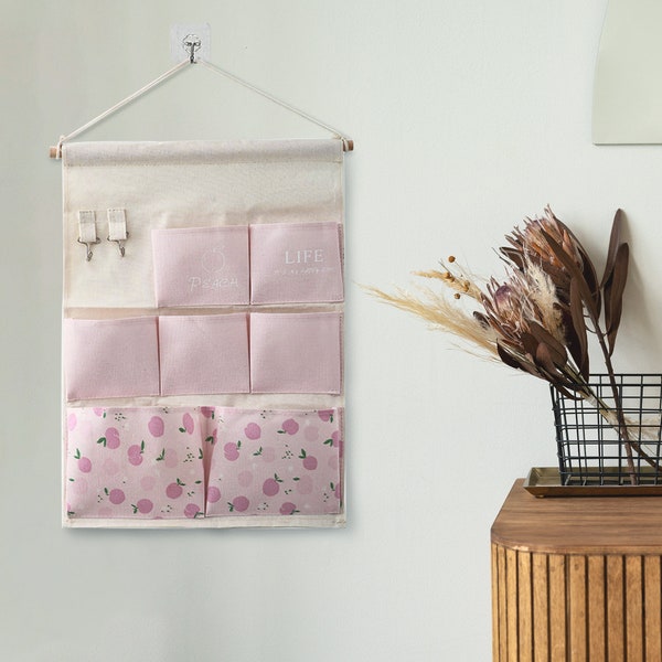 Pink peach Wall Hanging Storage, Cotton Linen Wall Mounted Hang Organizer, Wall storage bag for living room bedroom, mothers day gifts