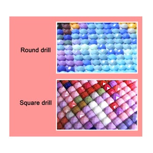 May include: Close-up of two diamond painting drill types: round and square. The round drill is a circle shape, while the square drill is a square shape. Both drills are multi-colored.