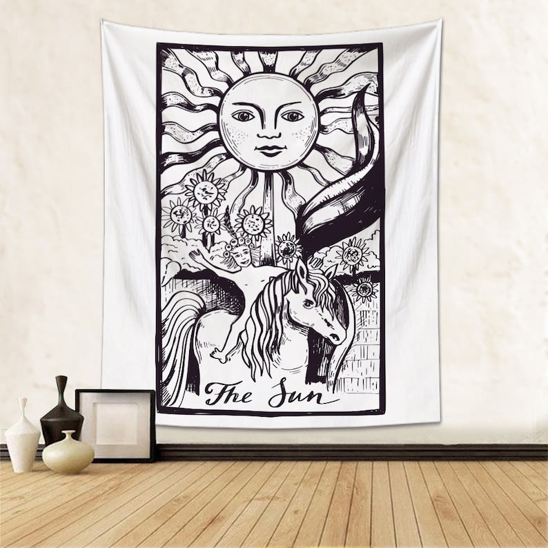 May include: Black and white tapestry featuring a tarot card design with the sun, a unicorn, and the text "The Sun".