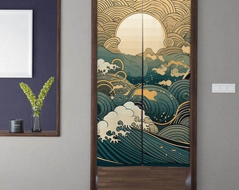 May include: A pair of room dividers with a Japanese-inspired design featuring a blue and green ocean wave pattern with gold accents. The dividers are made of fabric and have a wood frame.
