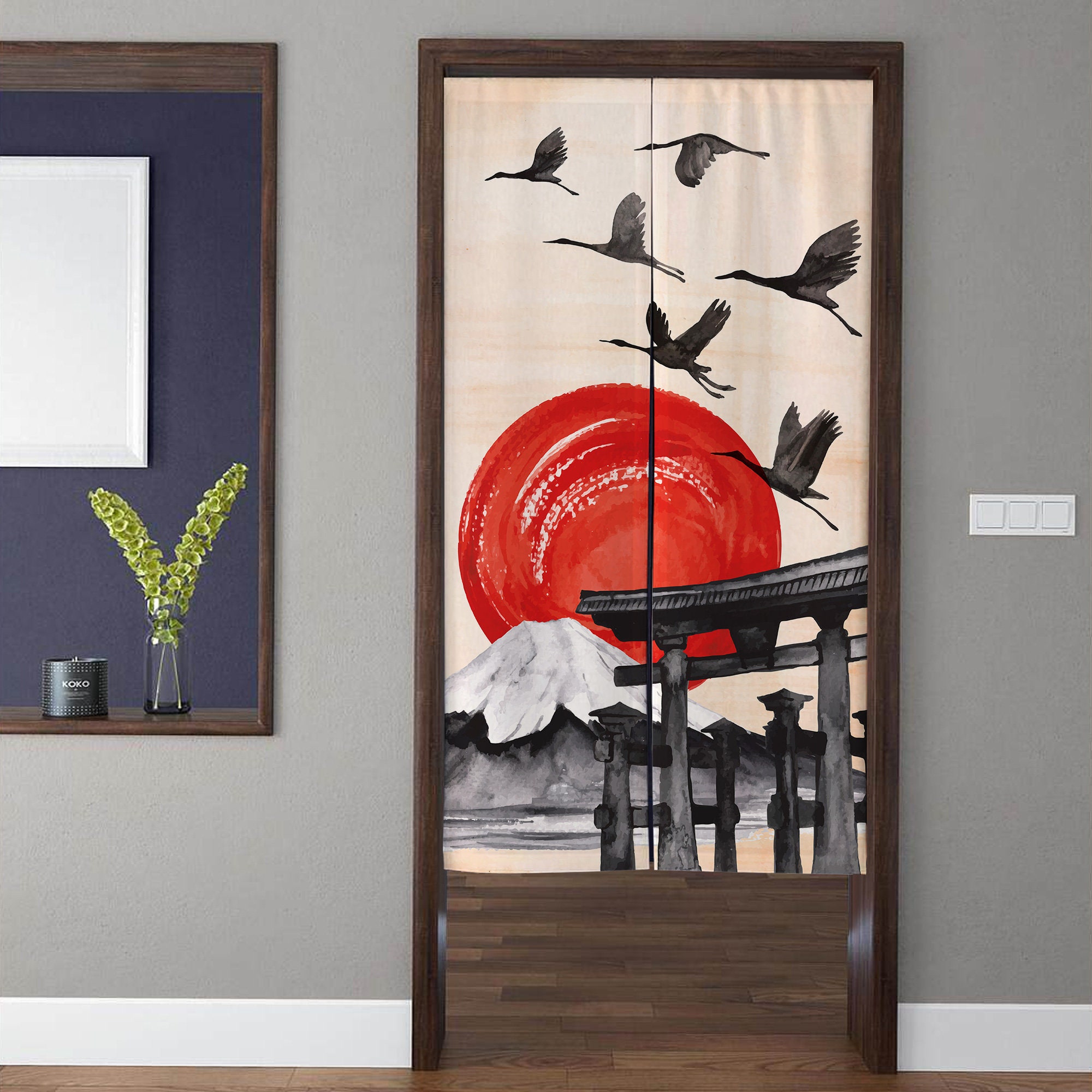 Japanese-style Art Noren Door Curtains, Vintage Mount Fuji sunset Pattern Doorway Curtain, For Kitchen Partition Bedroom Door Privacy Decor