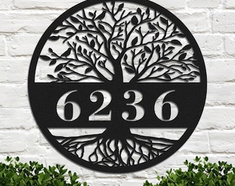 Personalized Tree of Life Metal Sign Custom Number Tree Address Sign Wall Hanging Metal Wall Art Home Decor for Front Door Porch Yard