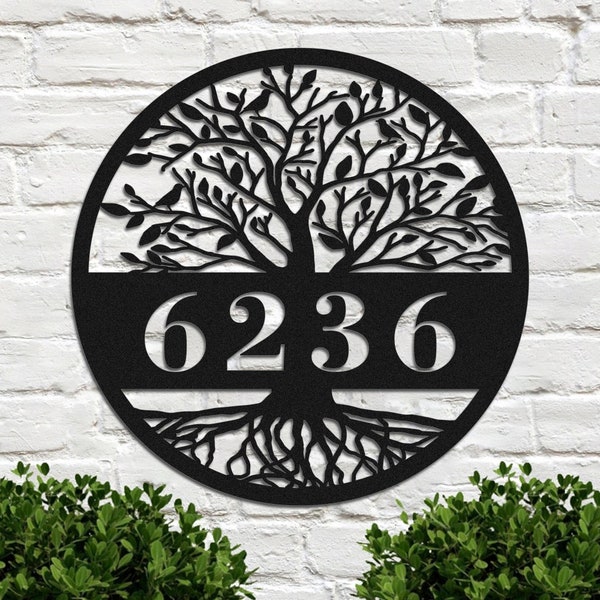Letrero de metal personalizado con diseño de árbol de la vida, con número personalizado, para colgar en la pared, arte de pared de metal, decoración del hogar para puerta de entrada, porche y patio
