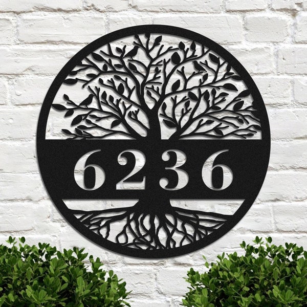 Personalized Tree of Life Metal Sign Custom Number Tree Address Sign Wall Hanging Metal Wall Art Home Decor for Front Door Porch Yard