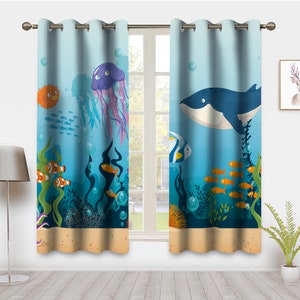 Ocean Cartoon Animal Window Curtain Underwater Sea World Drapes Nursery Baby kid Room Curtain Marine Life Fish Window Treatments for Bedroom