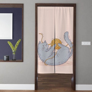 Japanese Kawaii Art Noren Door Curtain, kitten playing with ball of thread Pattern Doorway Curtain, for Partition Bedroom Door Privacy Decor