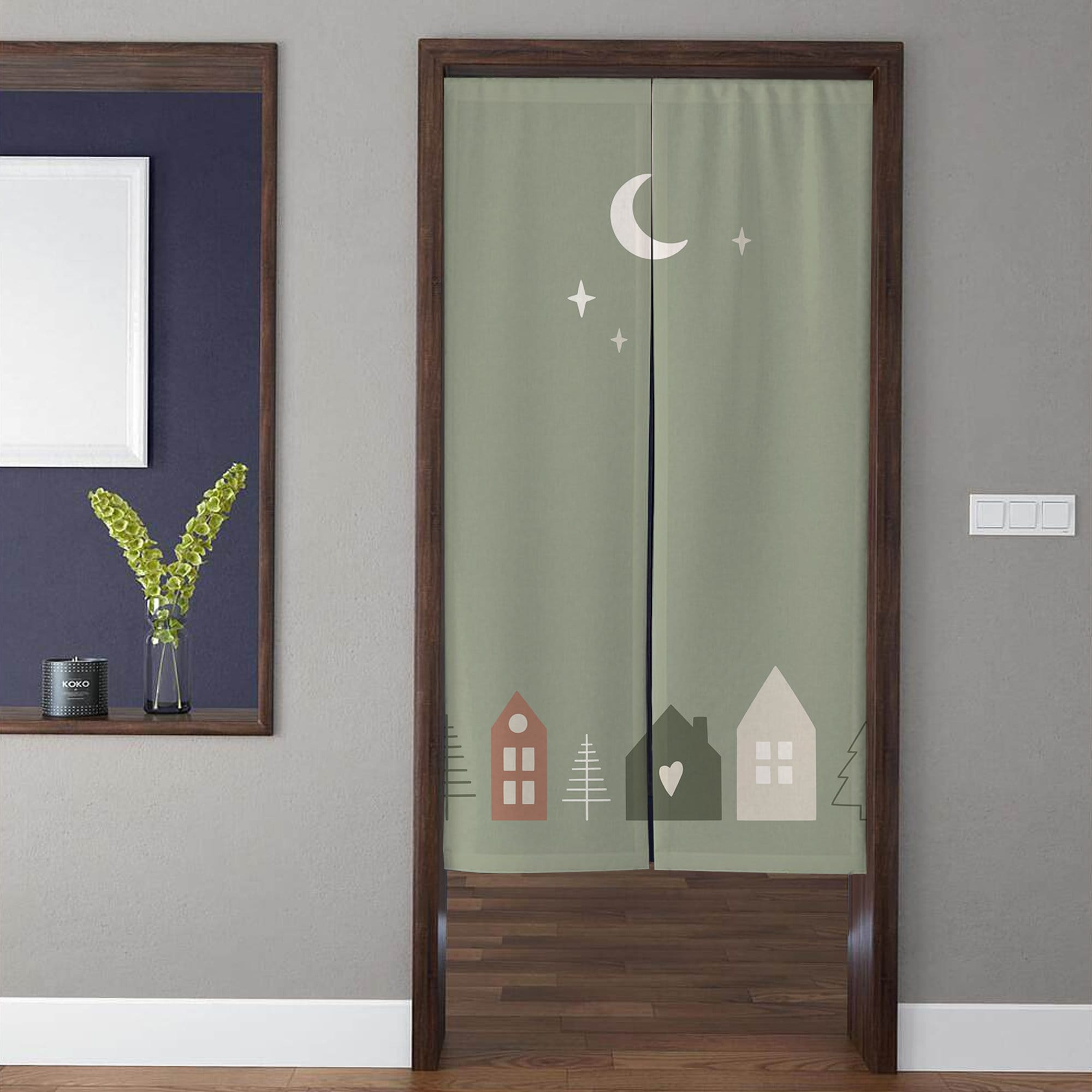 Japanischer Türvorhang (Noren) Mit Notausgangs-Piktogramm - Polyester, Ca. 85x180 Cm, Schlitz In Der Mitte, Für Moderne Inneneinrichtung