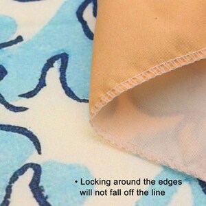 May include: Close-up of a fabric with a blue and white floral pattern. The edge of the fabric is folded over, revealing a peach-colored underside and a stitched seam. Text at the bottom reads: "Locking around the edges will not fall off the line."