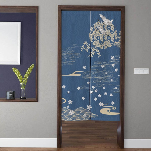 Japanese style Art Noren Door Curtains, Vintage Cherry Blossom Crane Doorway Curtains, For Kitchen Partition Bedroom Door Privacy Decor