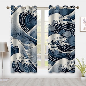 May include: A pair of blue and white wave patterned curtains with grommet tops. The curtains are hung on a window with a white frame.