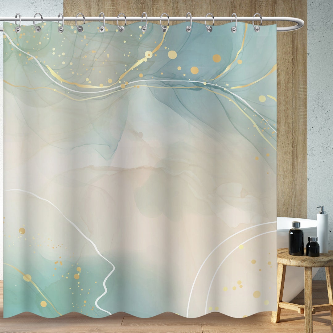 Grayblue Marble Shower Curtains, Modern Golden Stripe Bathroom