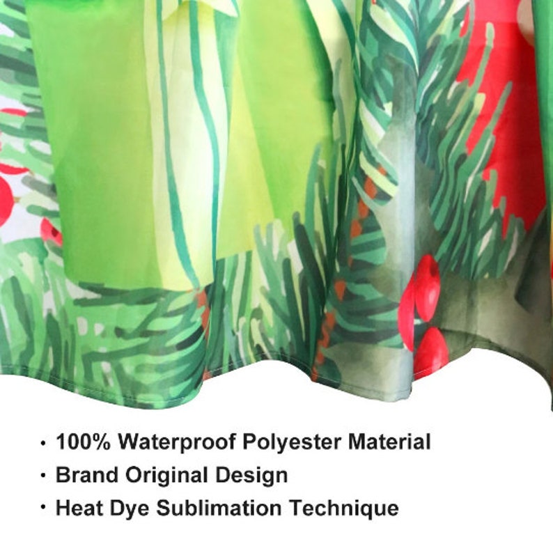 May include: Close-up of a green and red fabric with a Christmas tree design. The fabric is made of 100% waterproof polyester material and features a heat dye sublimation technique.  The fabric has a wavy edge.