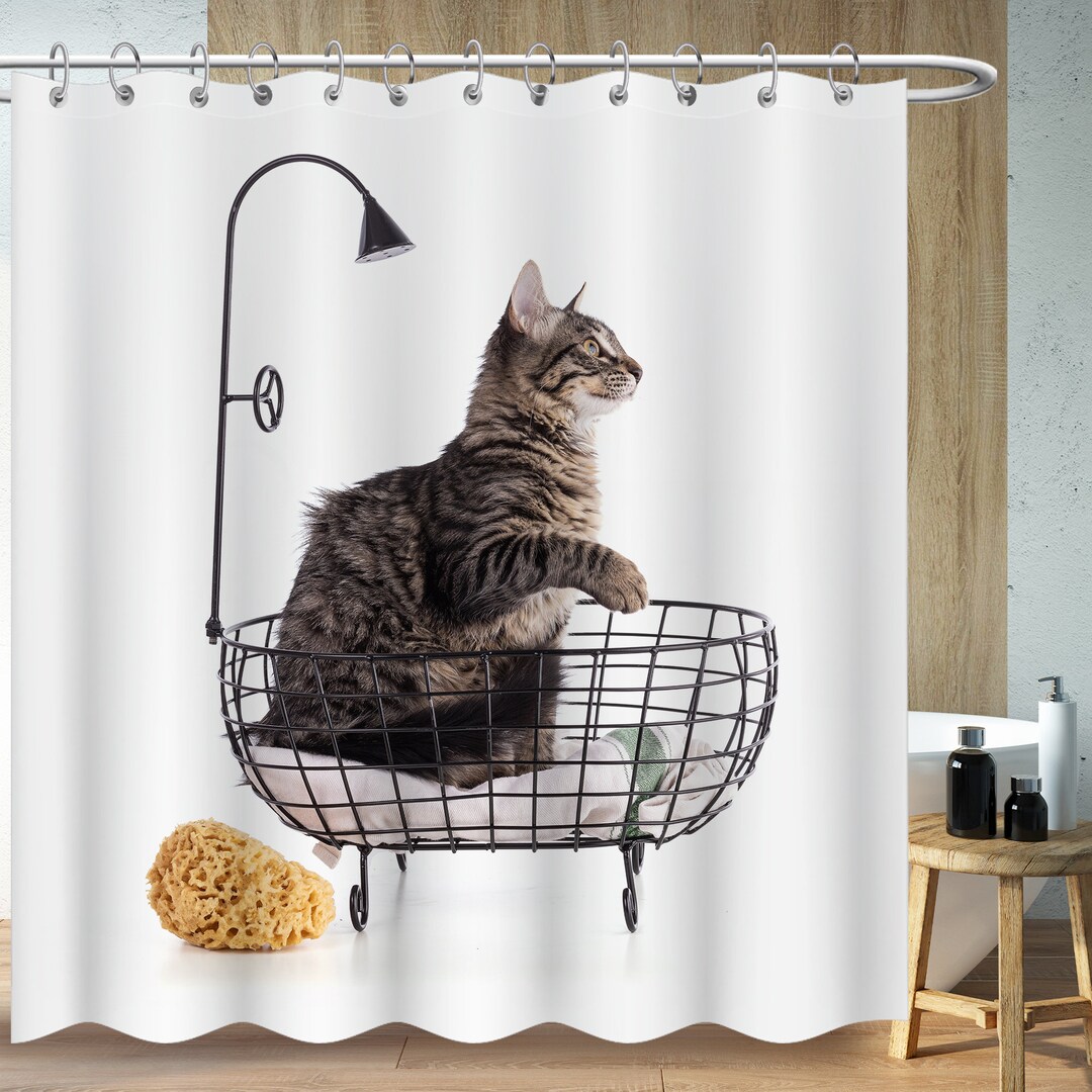 Cute Shower Pussy Art Shower Curtains, Modern Simple Cat Bathroom