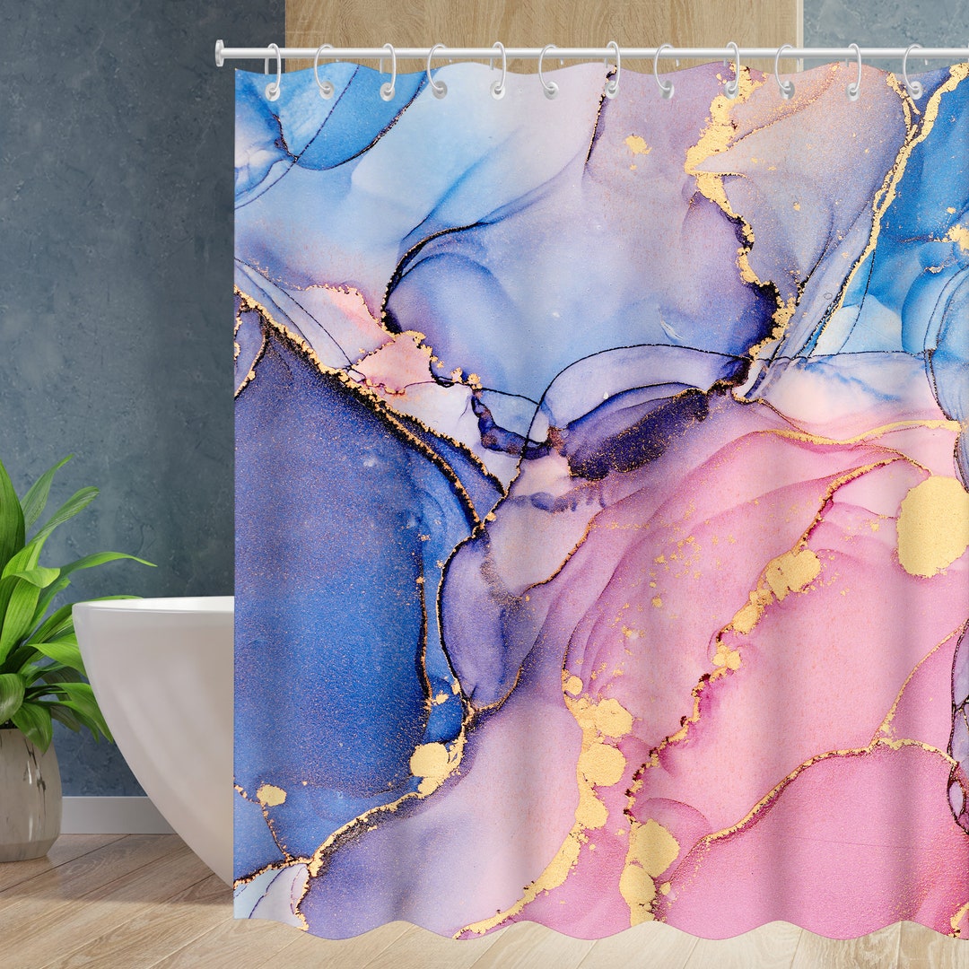 Marble Shower Curtain Red Blue and Golden Pink Shower Curtain Abstract